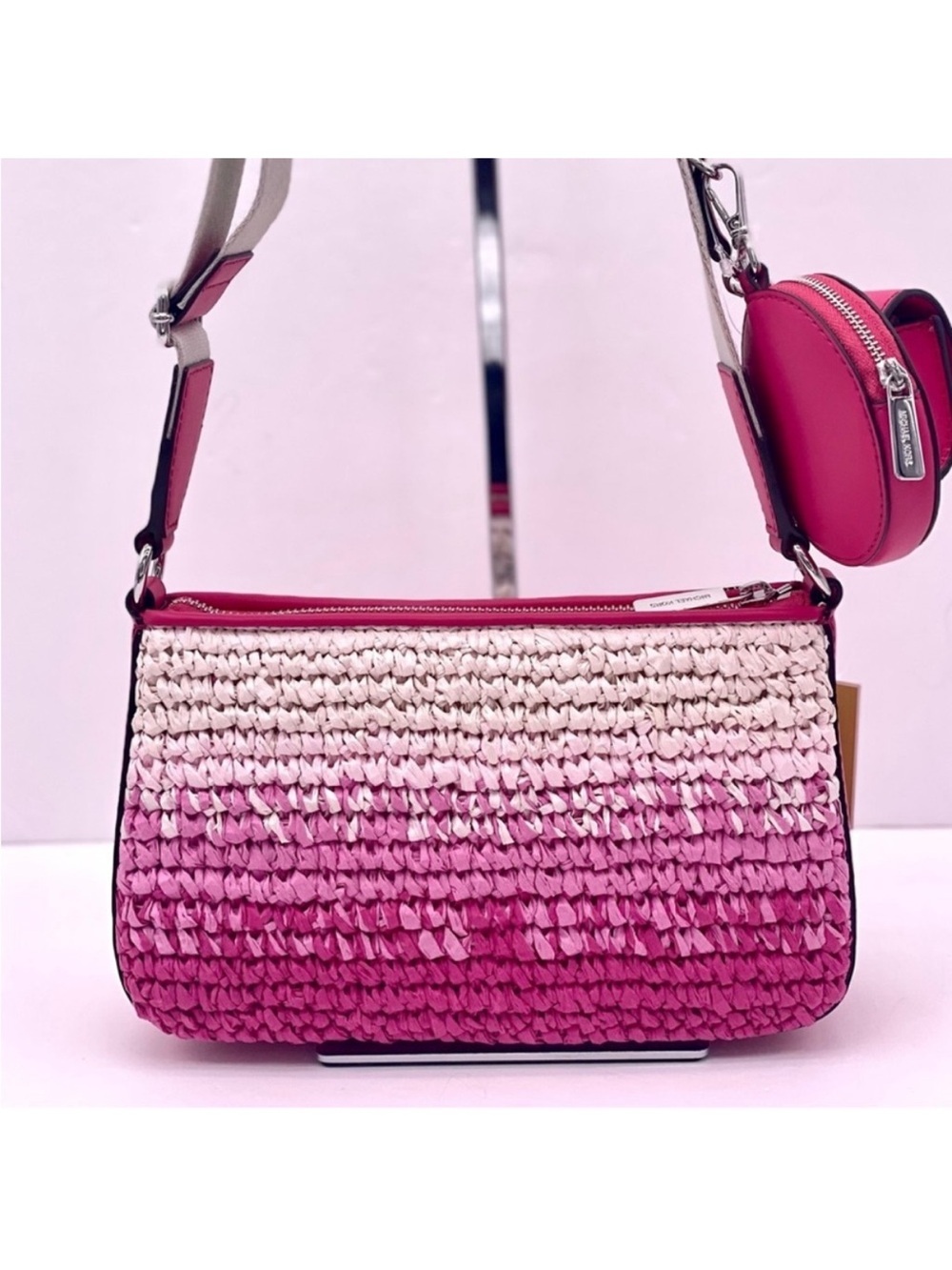 Michael Kors Pink and White Ombre Woven Crossbody with Removable Pouches - Picture 5 of 11